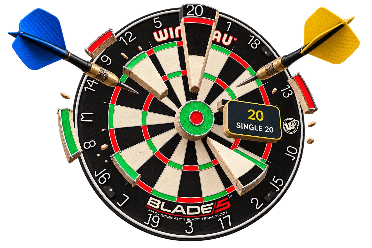 A real-game dartboard with raised scoring rings and darts projecting towards the viewer