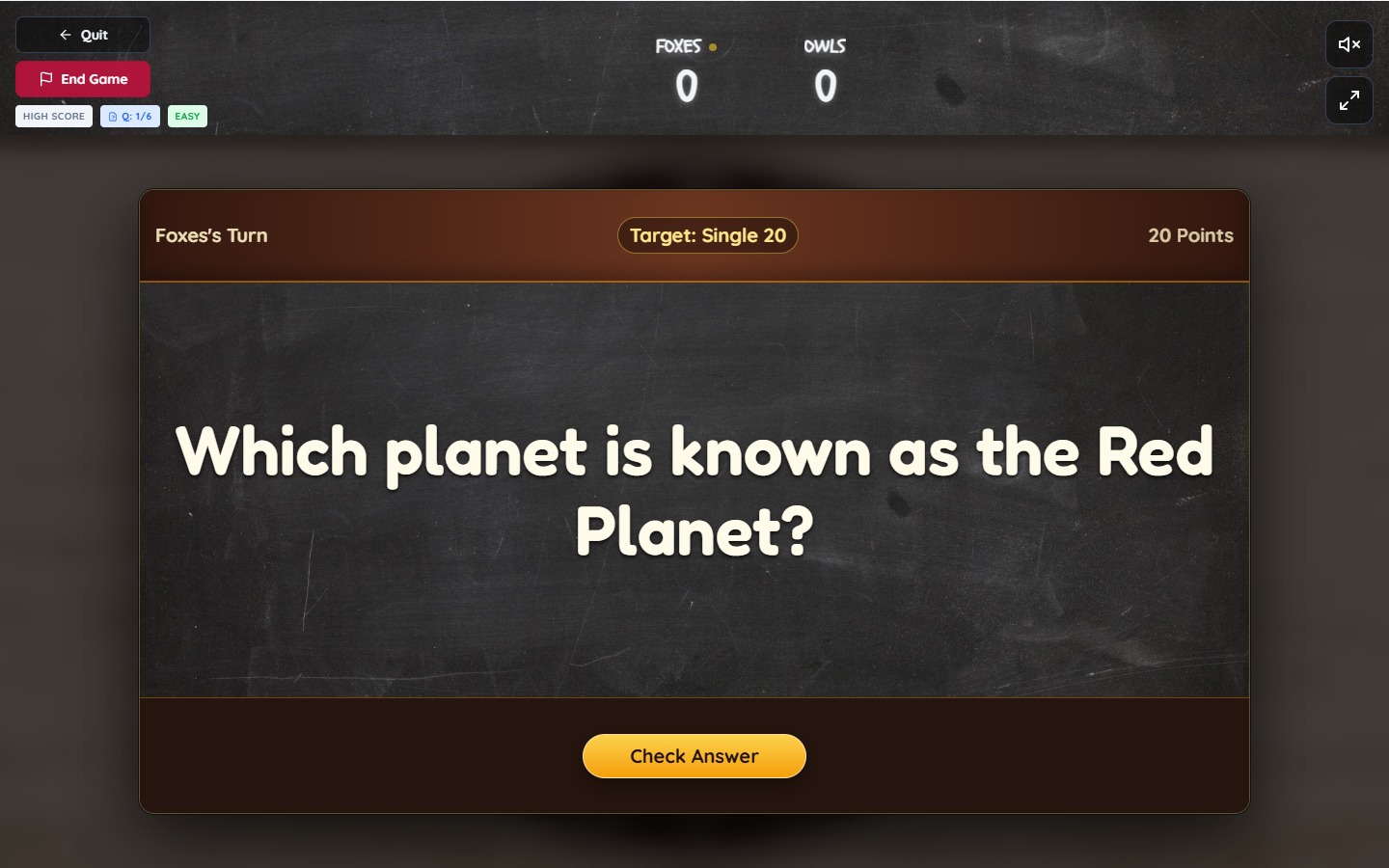 Darts Challenge question card asking which planet is known as the Red Planet