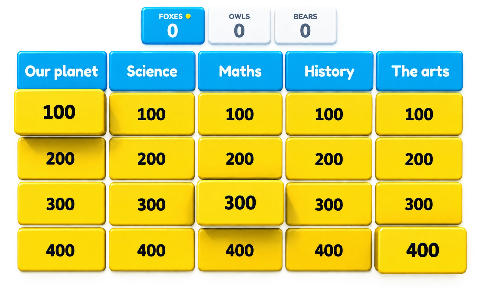 Head-on 3D illustration of the Jeopardy board, with category and point tiles projecting towards the viewer
