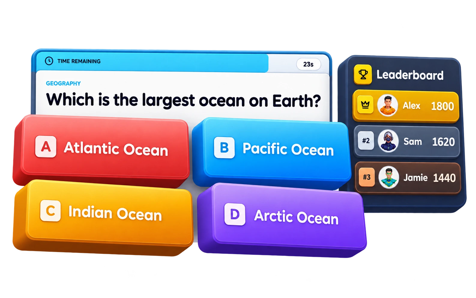 Live Quiz question and colourful answer tiles lifted forward beside the leaderboard