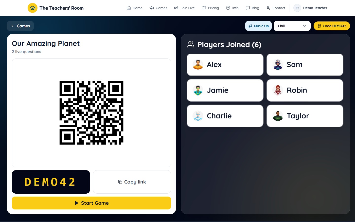 Live Quiz lobby with a joining code, QR code and six example players