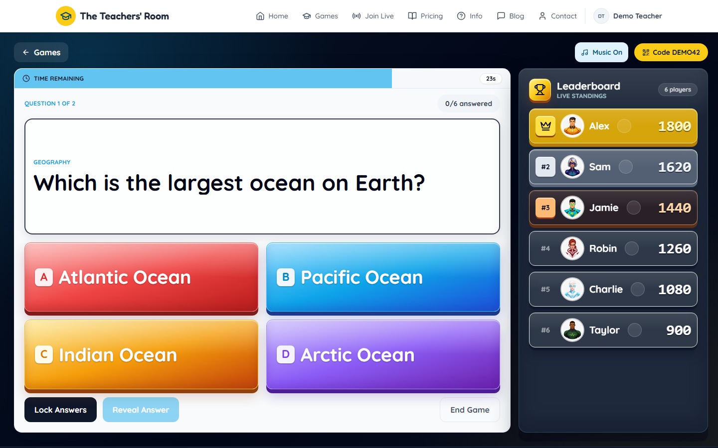 Live Quiz host screen with an ocean question, four answer choices and live standings