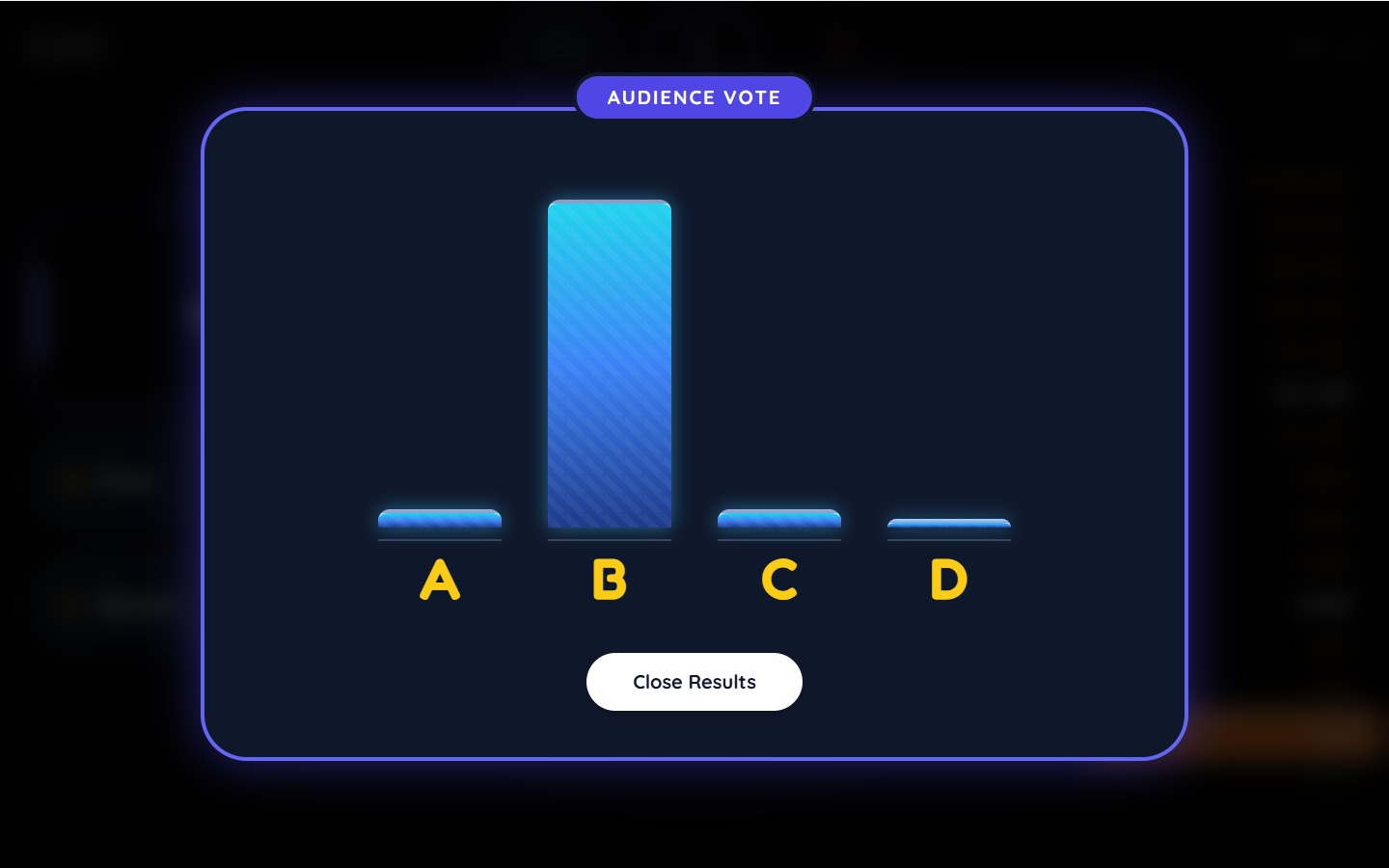 Millionaire Maker simulated audience vote showing bars for answers A, B, C and D