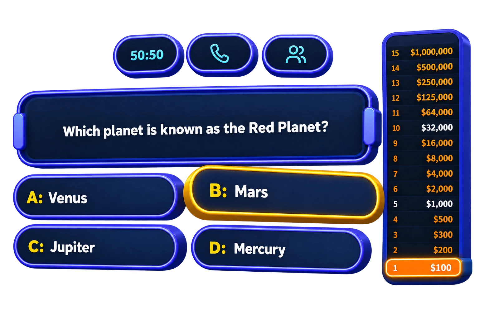 Millionaire Maker question, answer choices, lifeline icons and prize ladder in an exploded 3D view