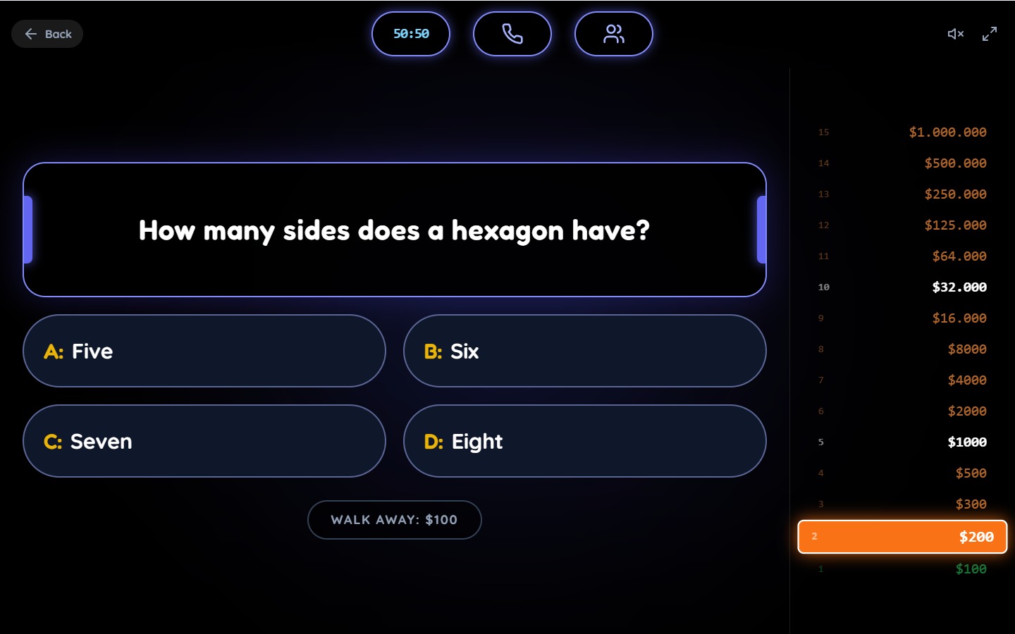 Millionaire Maker second multiple-choice question about a hexagon beside the fifteen-step prize ladder
