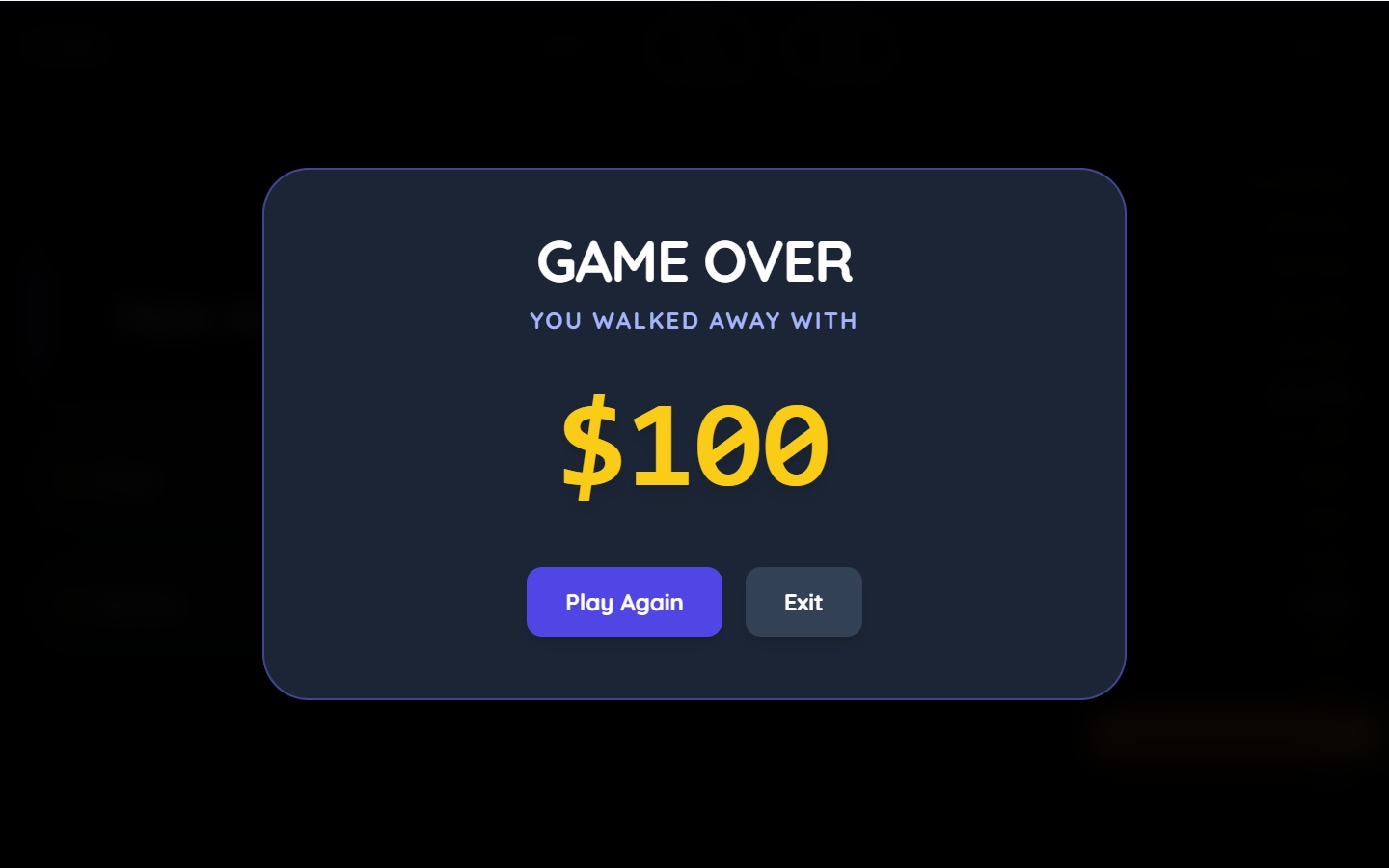 Millionaire Maker results showing the amount won after choosing to walk away