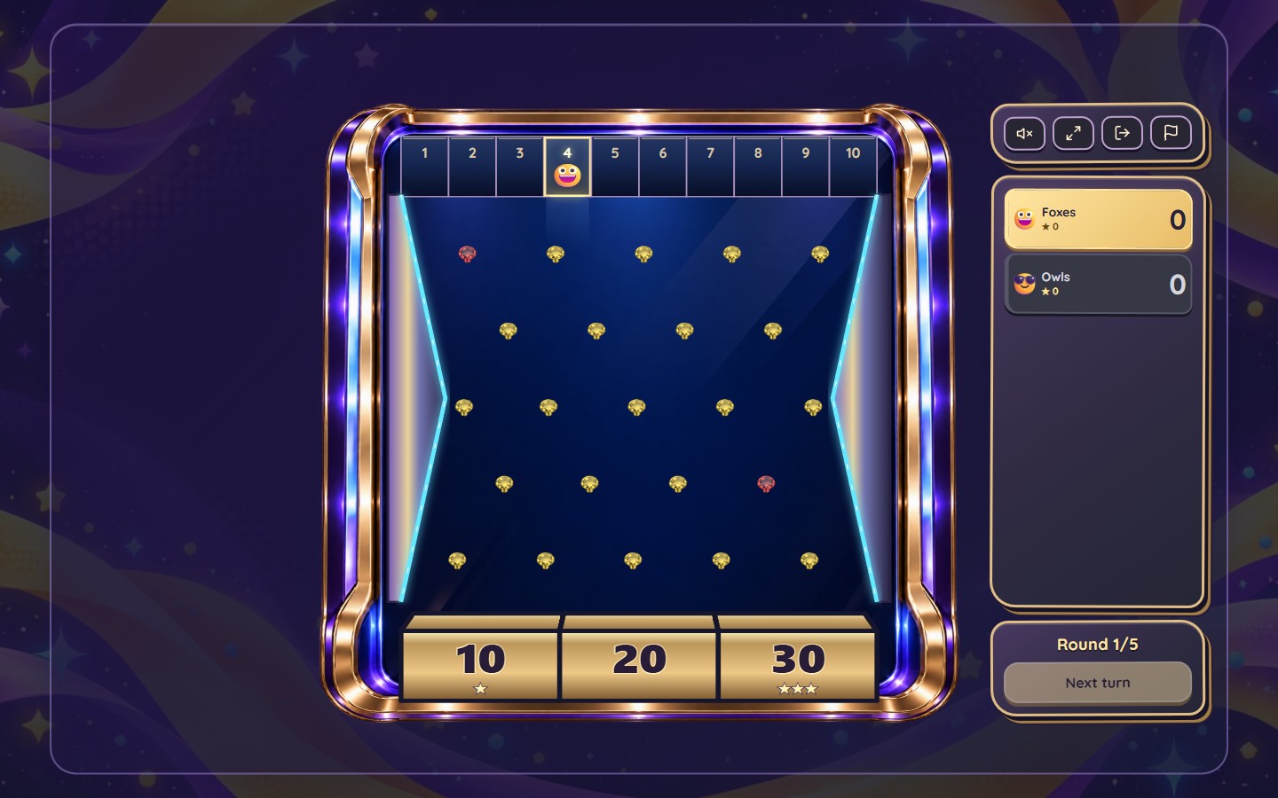 Plinkemoji game board with ten entry points, electric sides, prize boxes and team scores