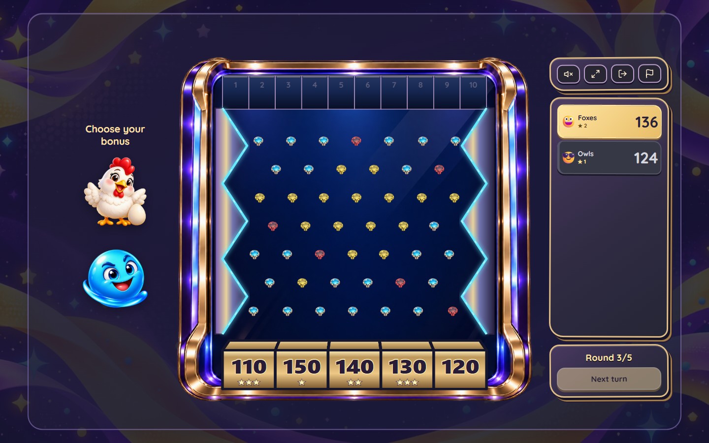 Plinkemoji character bonuses offered beside the board after collecting stars