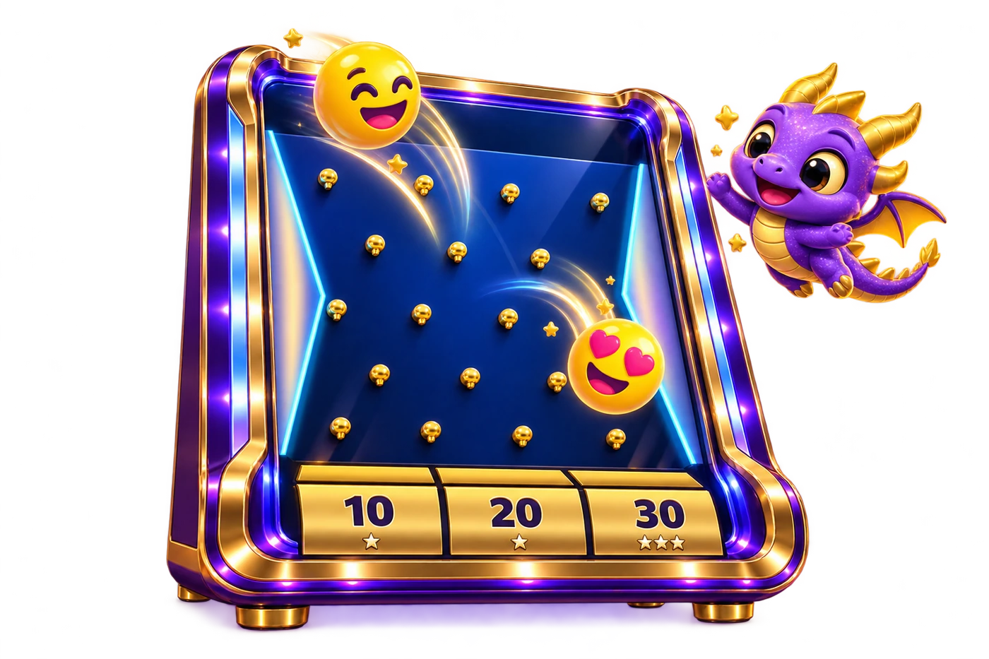 A gold and purple Plinkemoji board with bouncing emoji chips, electric blue sides and golden prize boxes