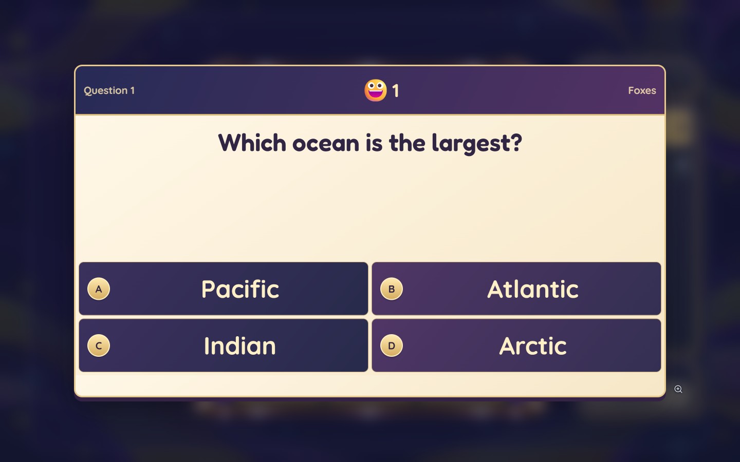 A Plinkemoji question card with a classroom question and multiple-choice answers