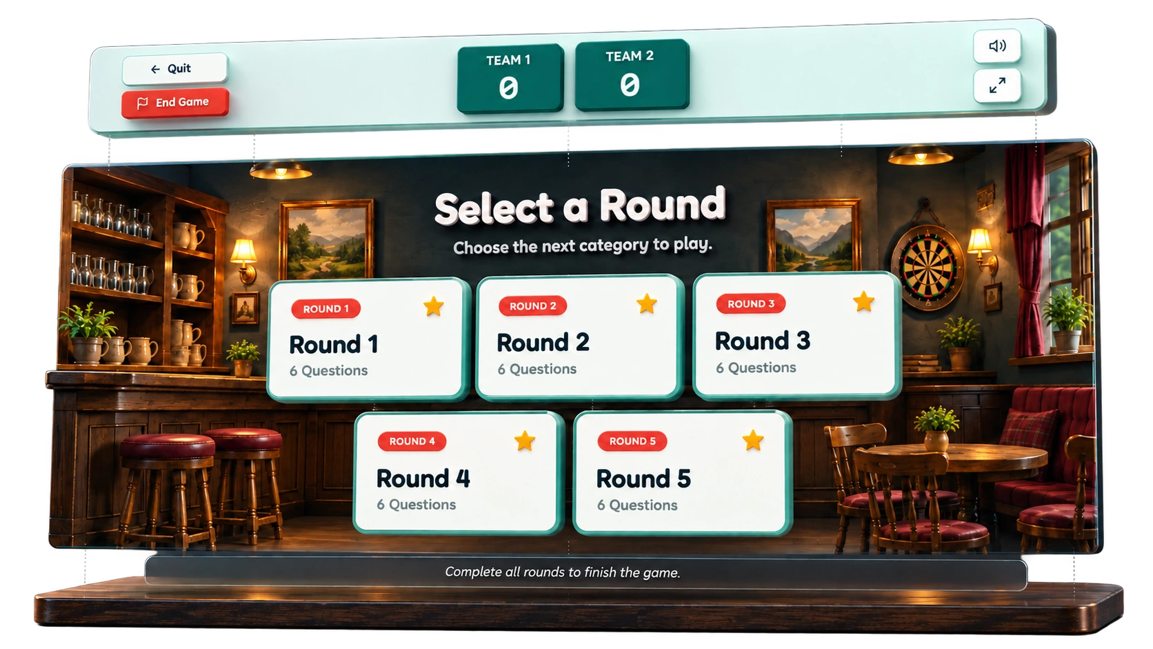 Pub Quiz round cards and team scores floating above the pub scene