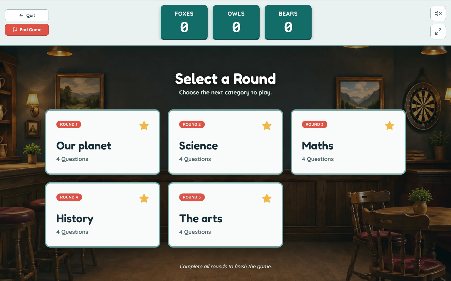 Pub Quiz round selection with Our planet, Science, Maths, History and The arts