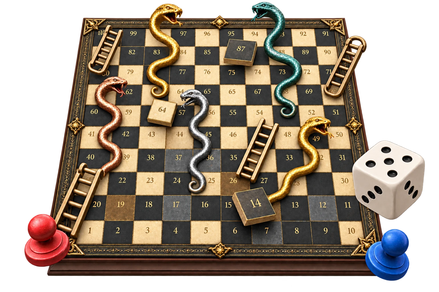 The real Snakes and Ladders board with coloured team pieces, dice, snakes and ladders lifting out in 3D