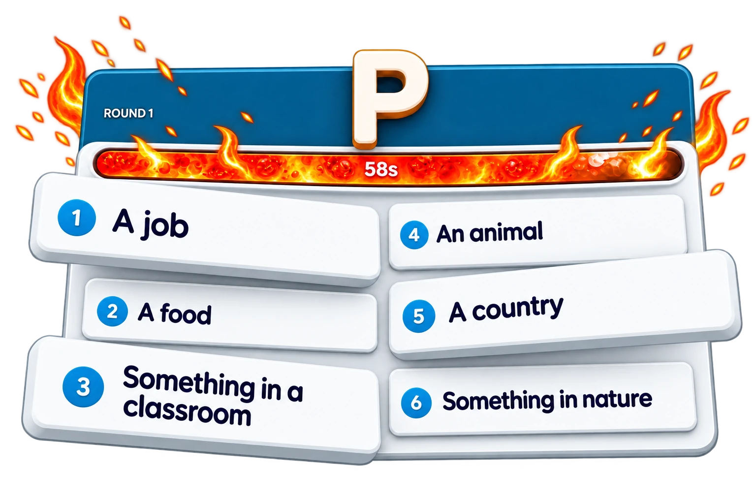 Stop the Fire category cards and the letter P bursting forward above a fiery countdown