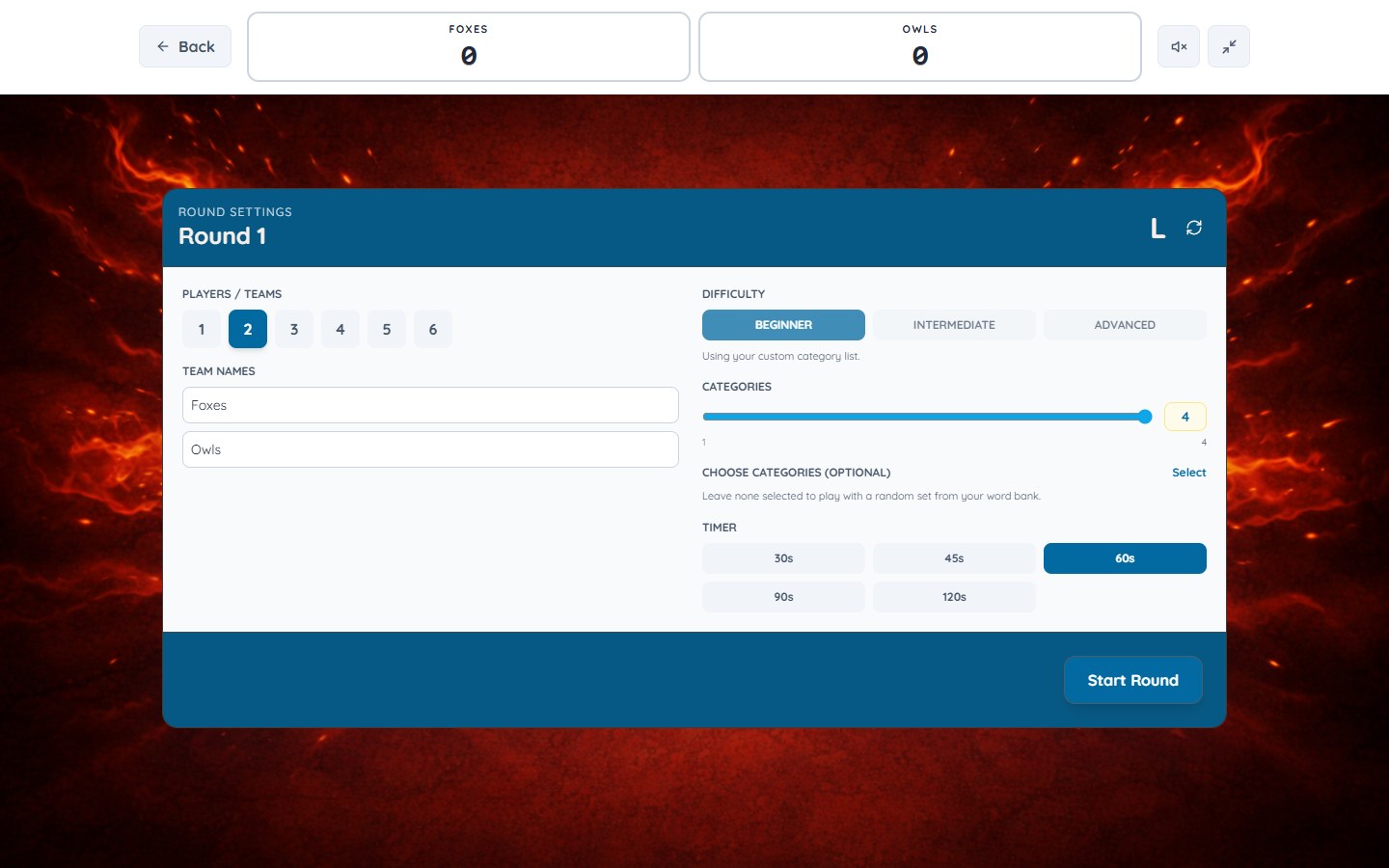 Stop the Fire setup showing teams, difficulty, category choices, timer and a preview of the letter