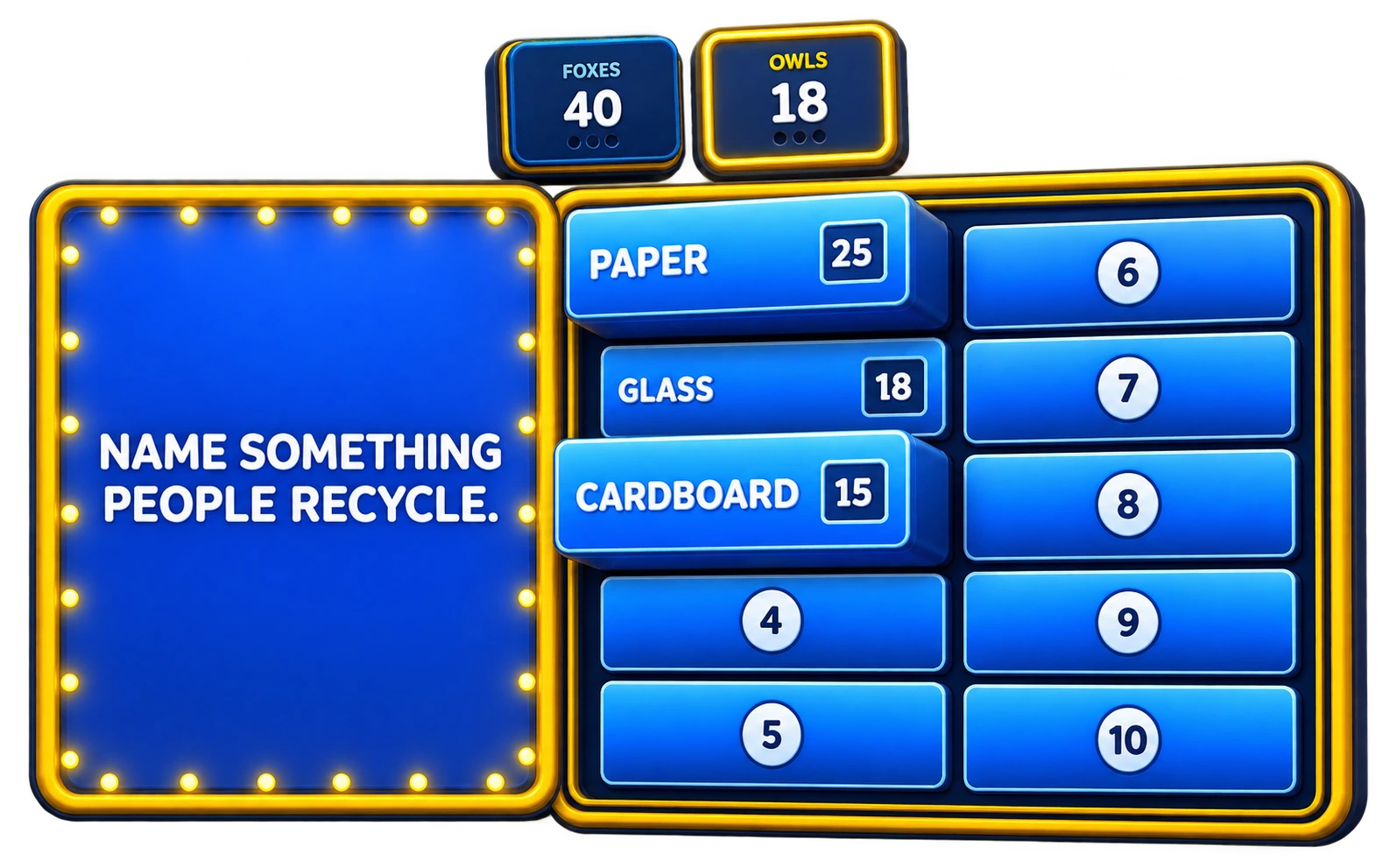 Survey Showdown blue and gold answer board with Paper and Cardboard tiles bursting forward