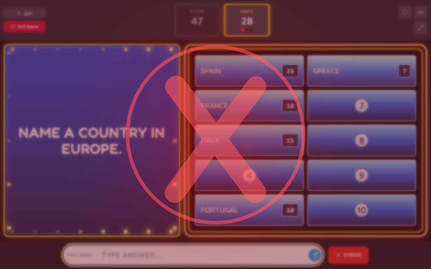 Survey Showdown red X appearing after an incorrect guess