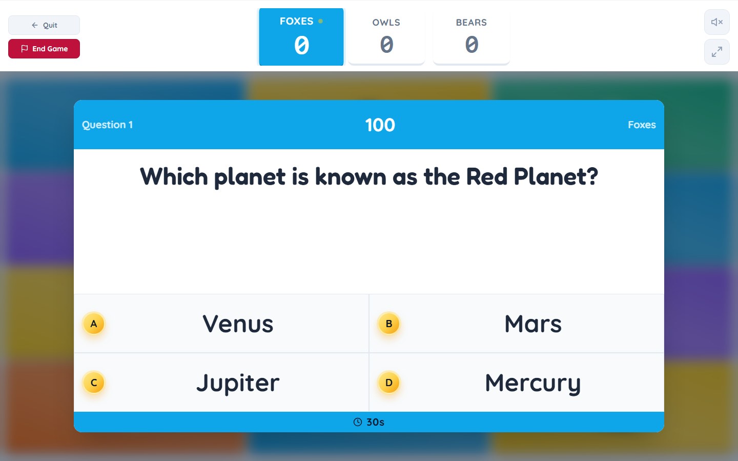 Trivia question with four answer choices and a thirty-second timer