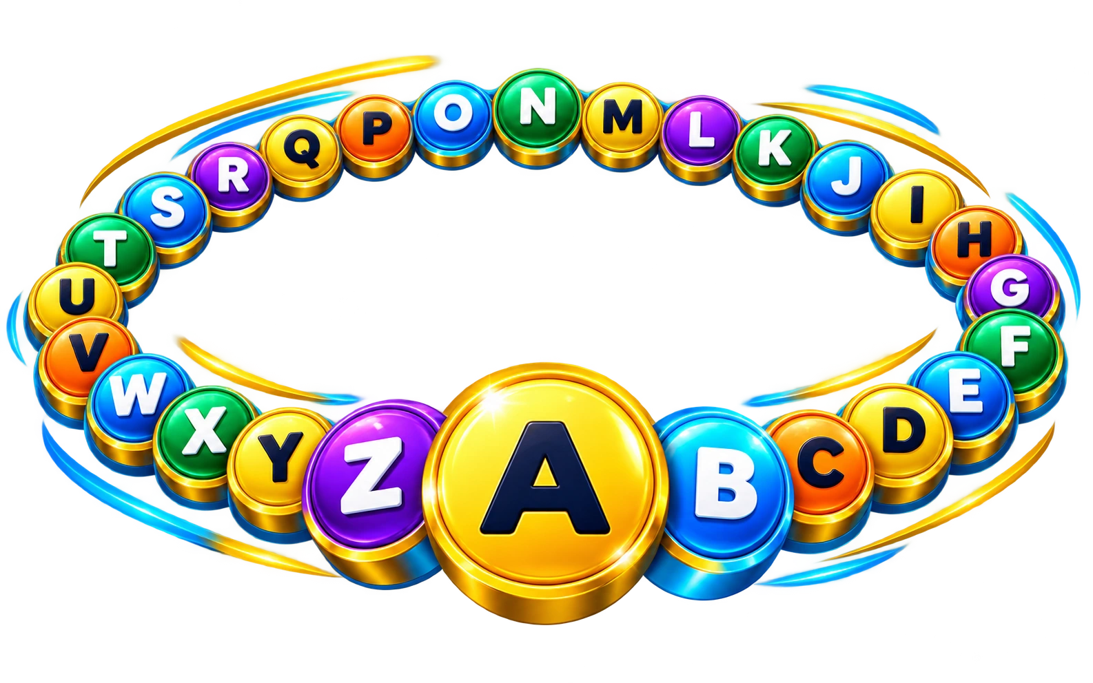 Transparent 3D illustration of the Wordwheel with letter tokens floating towards the viewer