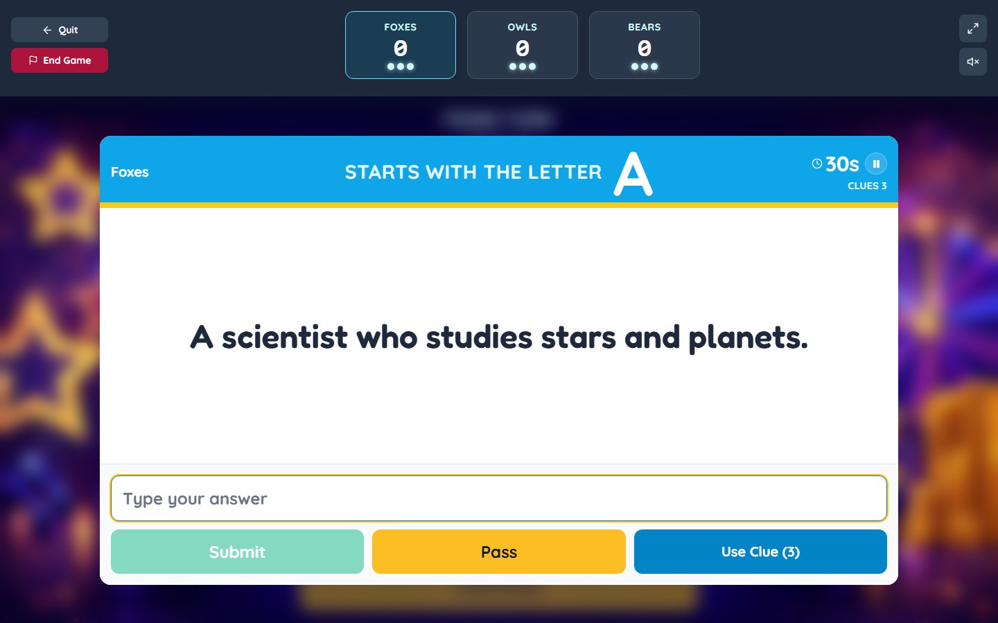 Wordwheel letter A clue asking for a scientist who studies stars and planets